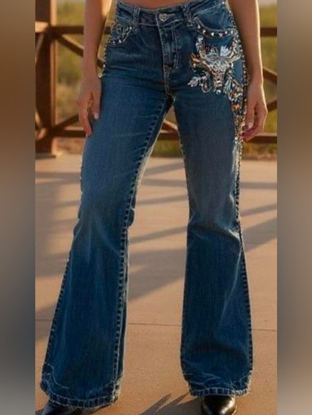SEXY Trinity Ranch Dark Blue Low Rise Embellished Flare Jeans Size 7